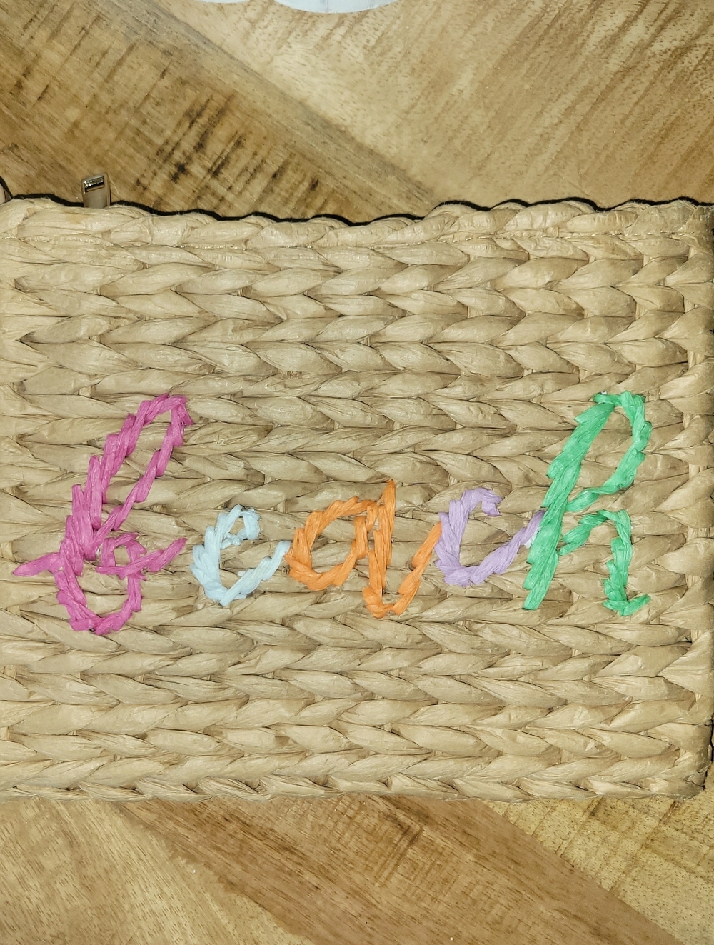 Beach Straw Clutch with Multicolor Embroidered 'Beach' Script